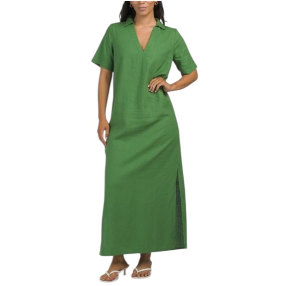 LONDON TIMES Linen Blend Short Sleeve Collared Popover Maxi Dress